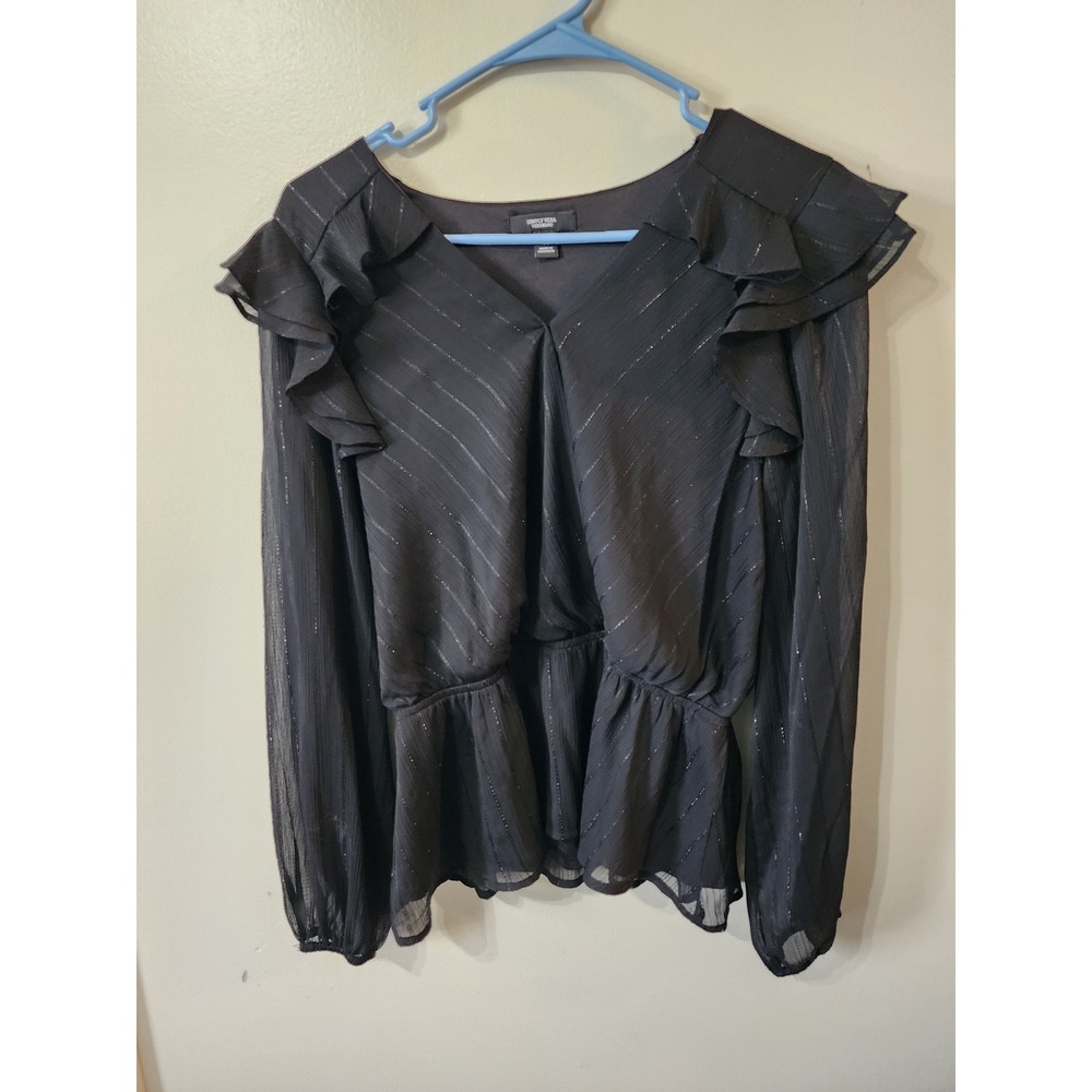 Simply Vera Vera Wang Black Metallic Stripe Ruffle Peplum Blouse Medium